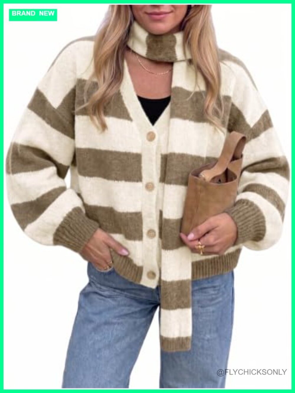 Oversized Striped Cardigan Sweater for Women with Scarf, Long Sleeve Lantern